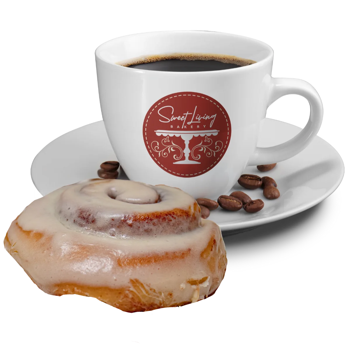 A cup of coffee with coffee beans and a glazed cinnamon roll on a plate awaits at home.